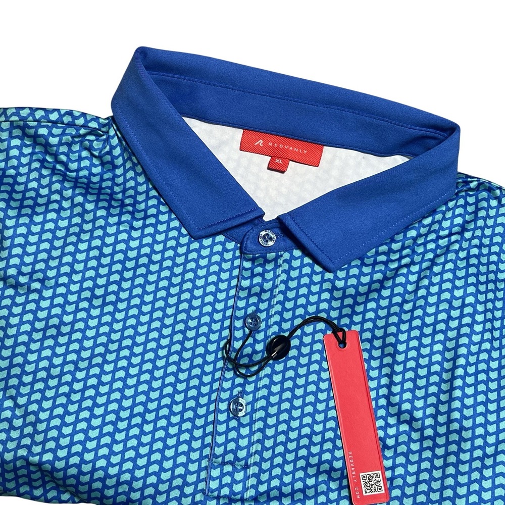 Redvanly Mens XL Golf Polo Shirt Blue Teal‎ Geometric Chevron Print NWT